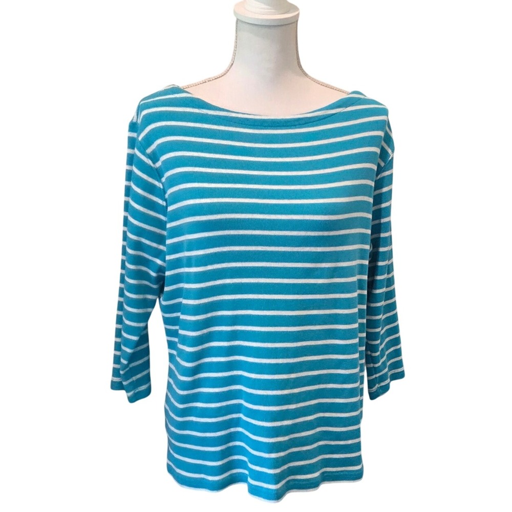 LL Bean Top Cotton Ribbed Striped Boatneck Turquoise White Coastal Nautical 1X